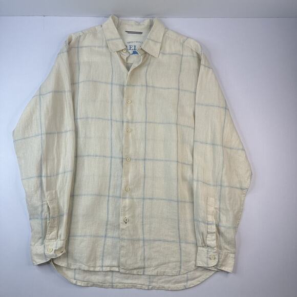 Tommy Bahama Relax Mens Large Linen Blue Button Up Shirt Window Pane - Picture 1 of 12